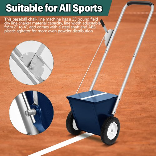 PullCrease 25 Pound Capacity Blue Baseball and Softball Field Dry Line Chalker, Wheeled Heavy Duty Steel Infield Dry Line Marker Machine, Standard Athletic Field Chalk Line Machine 2" to 4" Lines