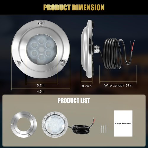 Goldlife 6,000LM Marine Underwater LED Light for Boat, B4-3 Blue, 4.3" 60W DC10-30V 6LED, Dimmable Color-Changing IP68 Submersible Boat Yacht Transom Pontoon Sailboat Light Surface Mount 316 Stainless