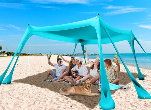 Vilupvie Beach Tent Sun Shelter Sunshade 11x11FT, UPF50+ Beach Canopy Tent Sun Shade with 8 Sandbags & 4 Stability Poles, Outdoor Shade Beach Canopy for Camping, Fishing, Backyard, Picnics (Turquoise)