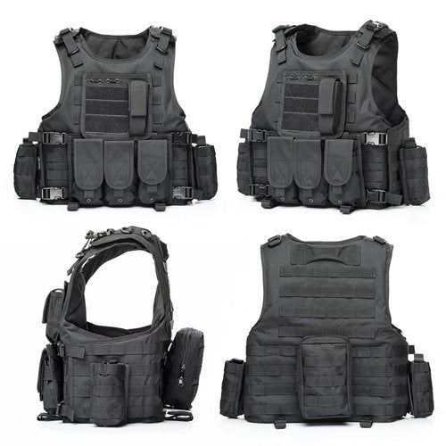 VPZenar Tactical Airsoft Vest, Black Lightweight Sports Training Plate Vest with Detachable Pouches and Cap,Gloves,Balaclava for Men, Tactical Airsoft Gear