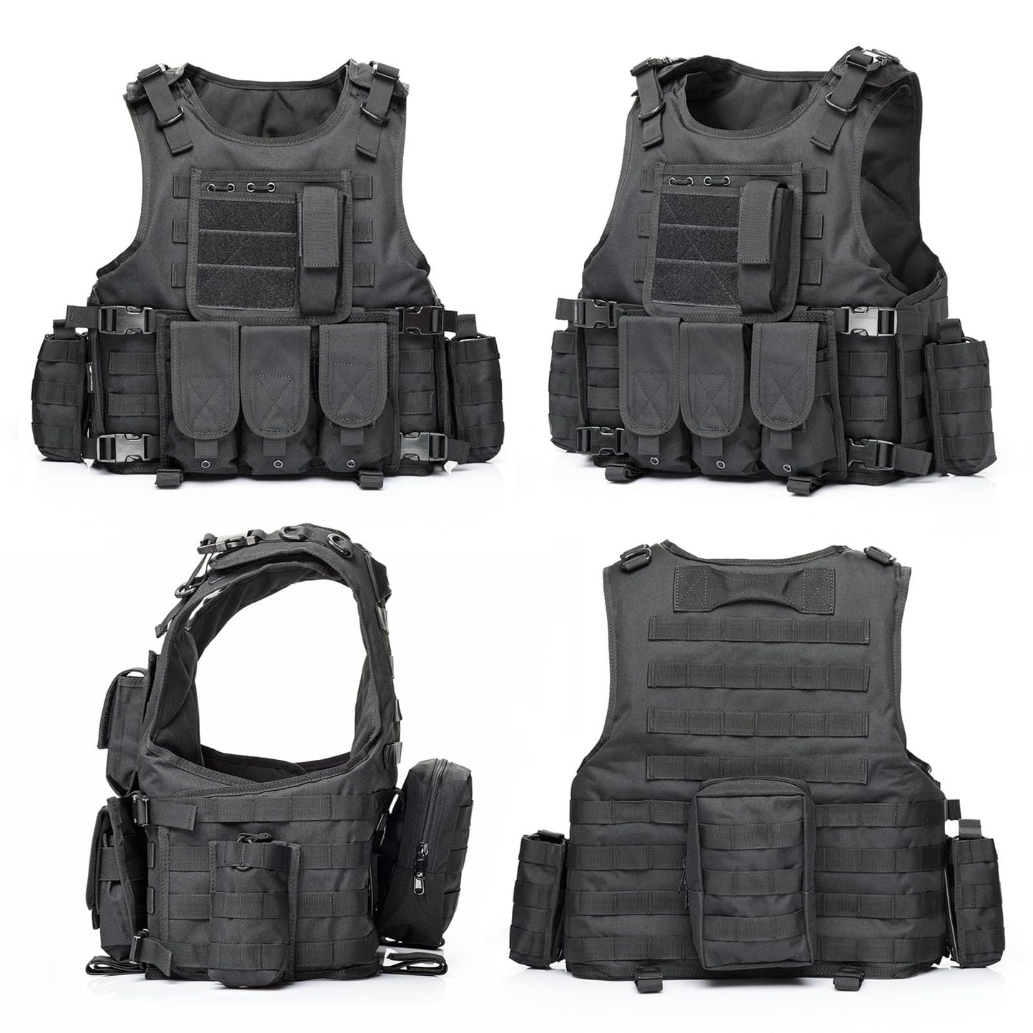 VPZenar Tactical Airsoft Vest, Black Lightweight Sports Training Plate Vest with Detachable Pouches and Cap,Gloves,Balaclava for Men, Tactical Airsoft Gear