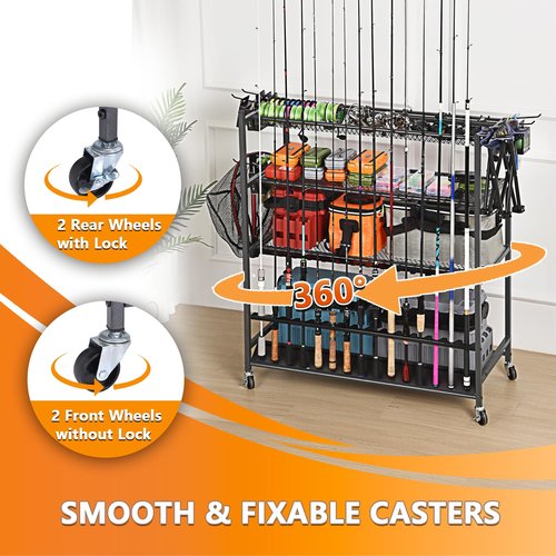 Lezbanz Heavy Duty Fishing Rod Holder, Fishing Gear Storage up to 15 Rods with Hooks and Wheels, 4-Tier Fishing Rod Rack for Large Tackle Box and Reel Organization, Space-Saving Garage Storage