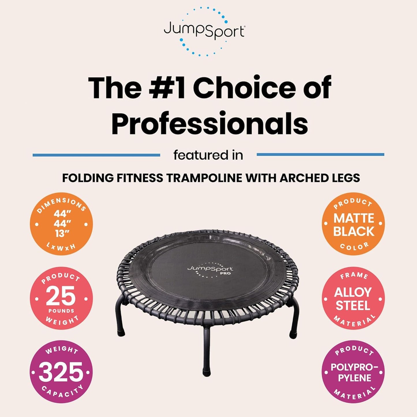 JumpSport Indoor Heavy Duty Lightweight 44 Inch Folding Fitness Trampoline with Arched Legs and 7 Adjustable Tension