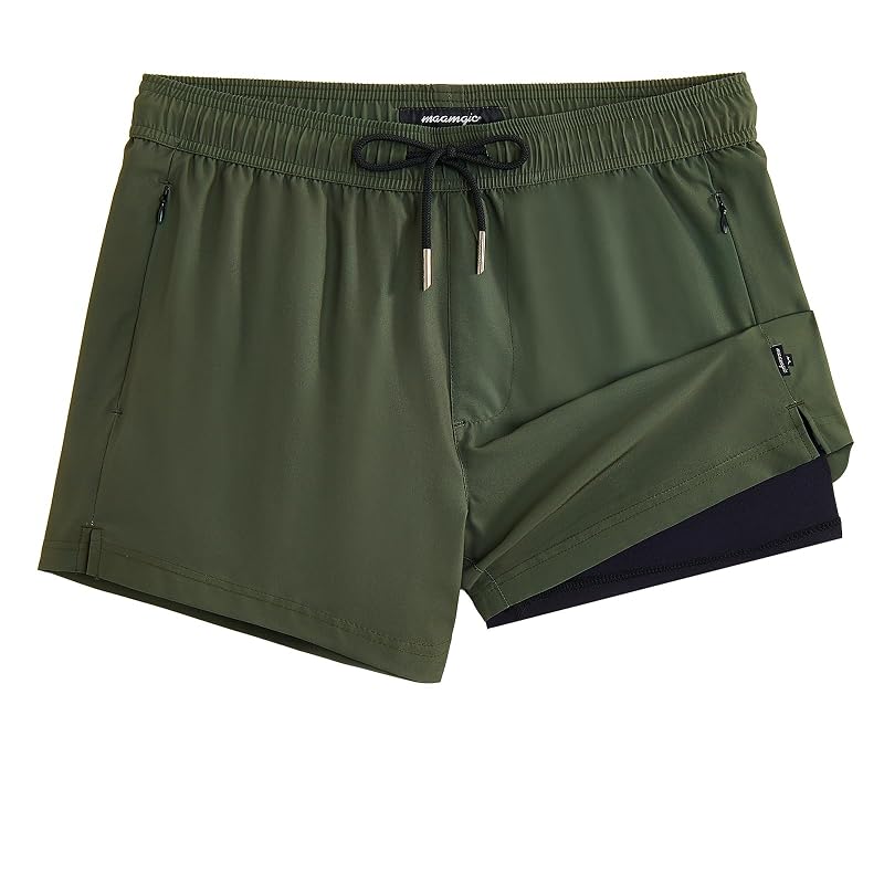 Maamgic Army Green Swim Trunks with Compression Liner – 4" Quick-Dry, 2 Side Pockets