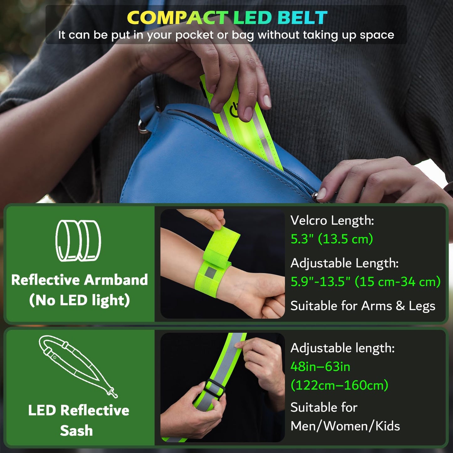 LED Reflective Running Gear High Visibility Reflective Belt Sash with Armband for Walking at Night,Adjustable Running Safety Gear Light Up Running Belt for Runners Walkers Men Women (Green)