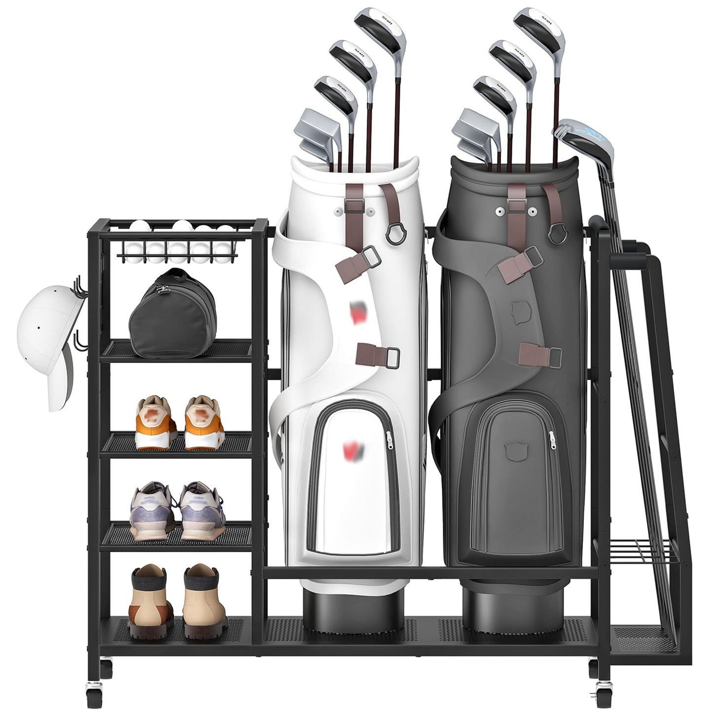 HOOBRO Golf Bag Storage Garage Organizer, Golf Bag Storage Stand Fits 2 Golf Bags and Golf Equipment Rack with Wheels, Extra Storage Rack for Garage, Club, Basement, Black BK49CJ01