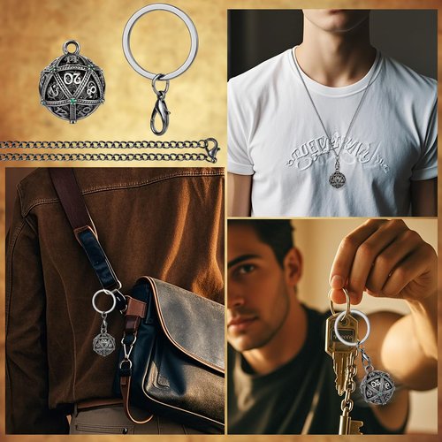 Mini DND Dice Set with Spherical Hollow D20 Metal Case Portable Keychain Necklace, Tiny 7pcs Polyhedral D&D Dice Set, DND Gifts with Gift Box, D&D Accessories for RPG（Green Diamond, Silver）