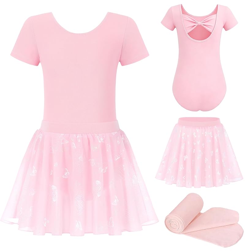 MdnMd Ballet Pink 4-6 Years Toddler Girl Leotard Set with Butterfly Skirt & Bow Back