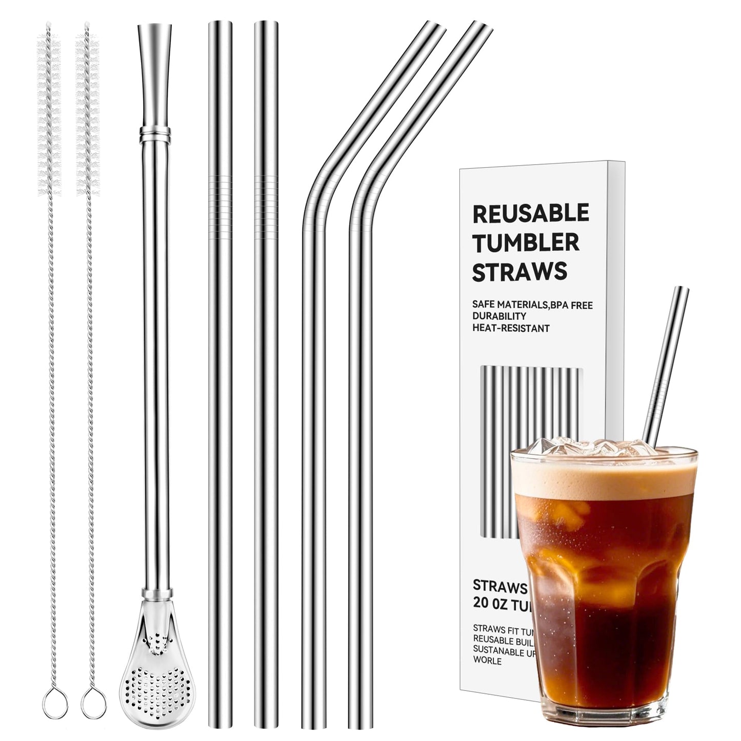 Prurex 6mm (0.24") Diameter Stainless Steel Straw - 215mm (8.5") Long, Ideal for Coffee, Tea & 16oz Travel Mugs - Slim Fit & Reusable