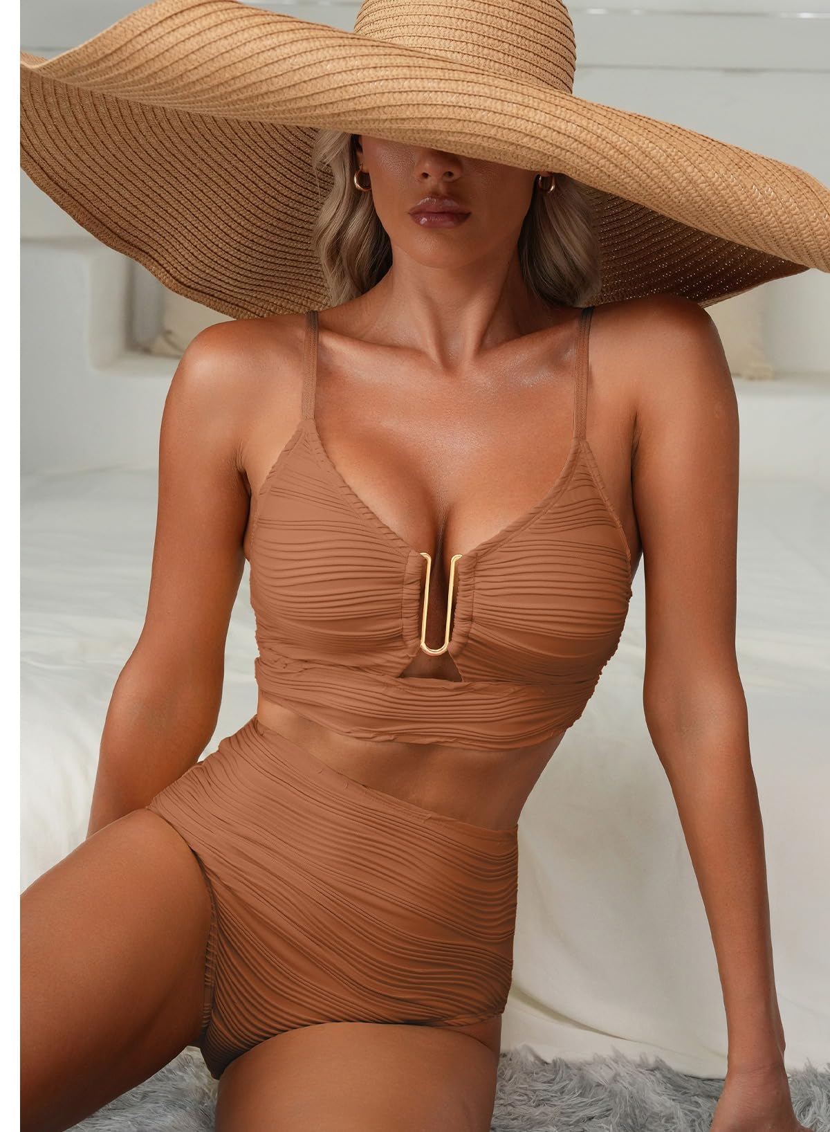 Herseas Women's 2 Piece Swim Suits Adjustable Spaghetti Straps High Waisted Popular Bikini 2026 Cutout Push Up Bathing Suit Trendy Vacation Outfits Caramel X-Large