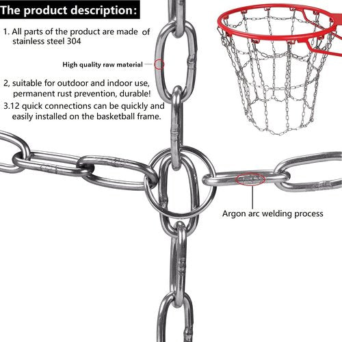 Dakzhou Basketball net, 304 Stainless Steel Chain Braided, Permanent Rust Proof (12 Links), Quick Installation.
