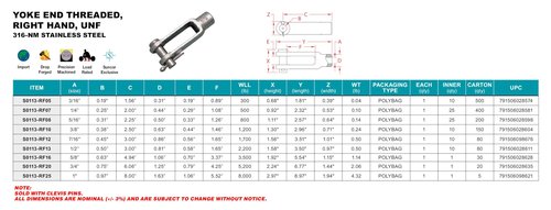 316-NM UNF STAINLESS STEEL THREADED YOKE END 5/16" RH (S0113-RF08)