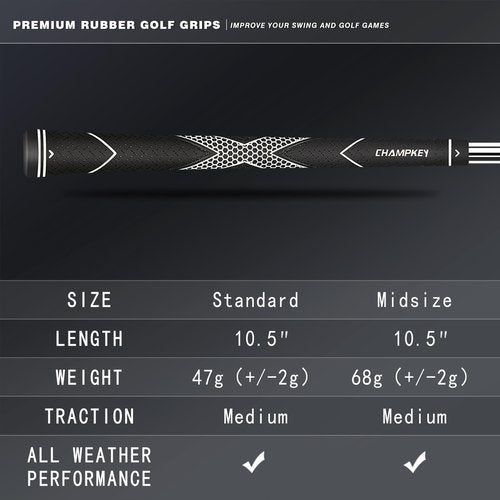 CHAMPKEY Premium Rubber Golf Grips 13 Pack | High Traction and Feedback Rubber Golf Club Grips | Choose Between 13 Grips with 15 Tapse and 13 Grips with All Kits