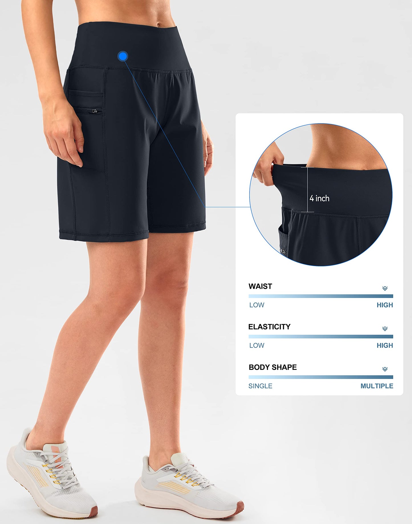 G Gradual Women's High Waisted 9" Bermuda Shorts with Zipper Pockets Athletic Workout Long Shorts for Women Knee Length(Navy,L)