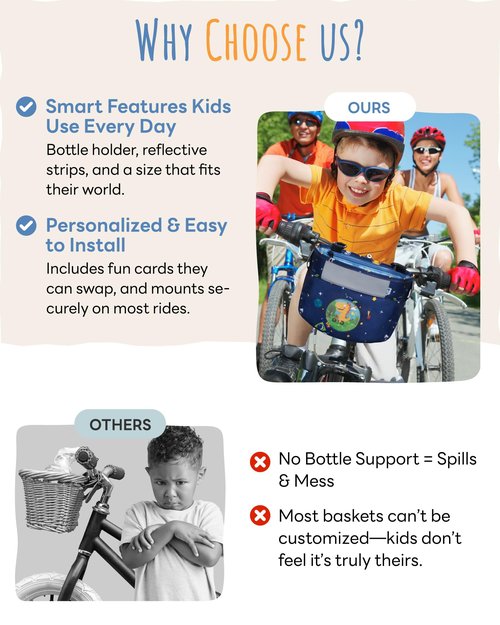 JOZidea Kids Bike Basket – Safety Reflective Strap Design on Bike Basket Front – Clear Front Window with 5 Swappable Cards – Cute Scooter & Bicycle Bag for Boys Girls Toddlers (Space Ride)