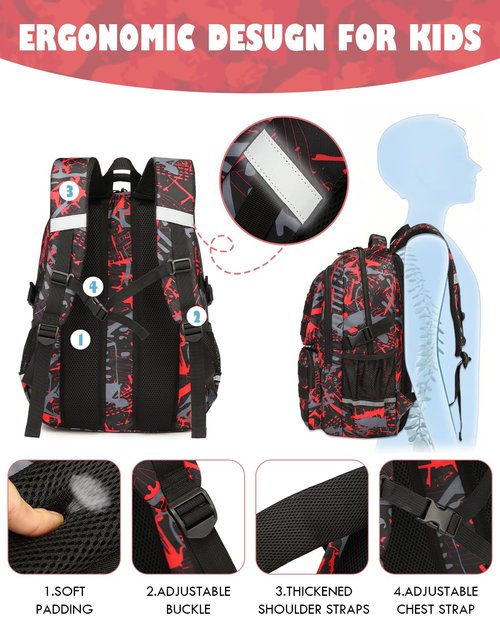 SunForMorning School Backpack for Boys Lightweight Bookbag for Kids Children Teens Elementary Middle School, Camo Boys Backpacks Back to School Gifts, Red