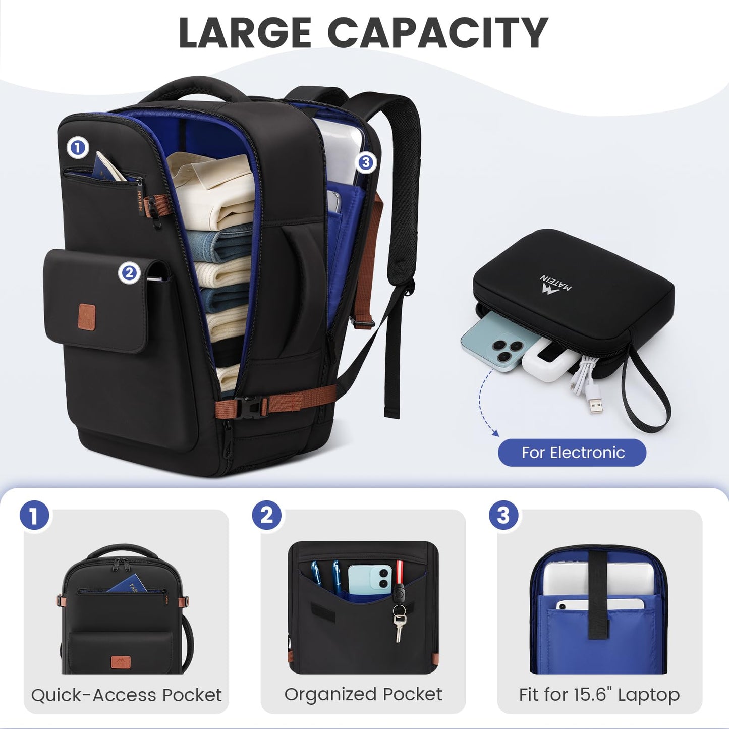 MATEIN Personal Item Backpack 18x14x8 for Frontier, Underseat Travel Backpack with Water Bottle Holder Fit 15.6" Laptops, TSA Approved Luggage Bag with Shoe Compartment for Airlines, 2 Pcs Set
