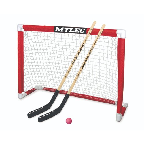MyLec Deluxe Hockey Set, with 1 Hockey Goal, 2 43" Hockey Sticks & 1 Soft Ball, Sleeve Netting System, PVC Tubing Net, Lighweight & Durable, Enhanced Grip, Pre-Curved Mini Hockey Stick (Red/White)
