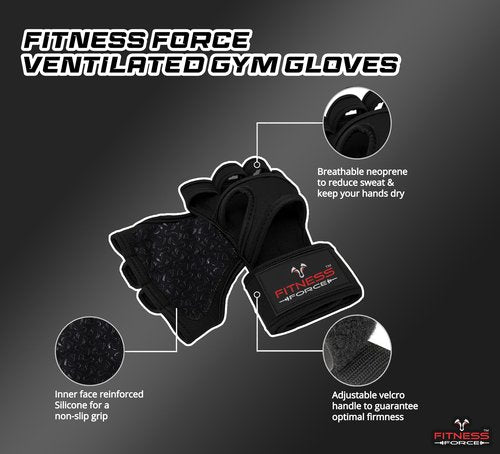 FITNESS FORCE Ventilated Gym Gloves for Men with Built-in Wrist Support for Workouts Weightlifting Gloves Workout Gloves for Women Exercise Fitness Gloves Perfect for Powerlifting, Cross Training