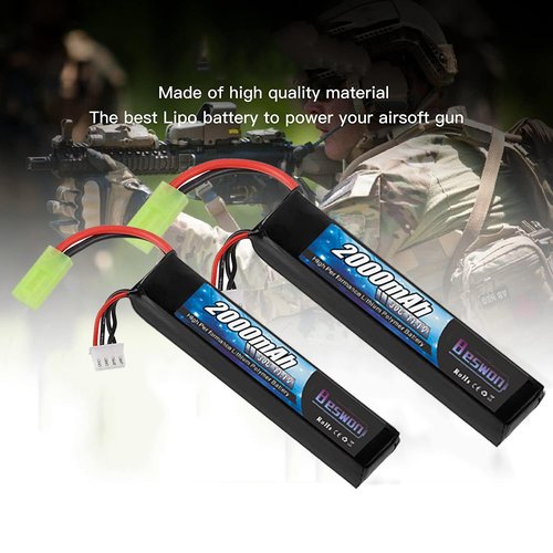 BESWON 2 Packs 11.1V Airsoft Battery 2000mAh 30C Rechargeable Lipo Battery Pack with 2S-3S Balance Charger for Airsoft Guns Rifle
