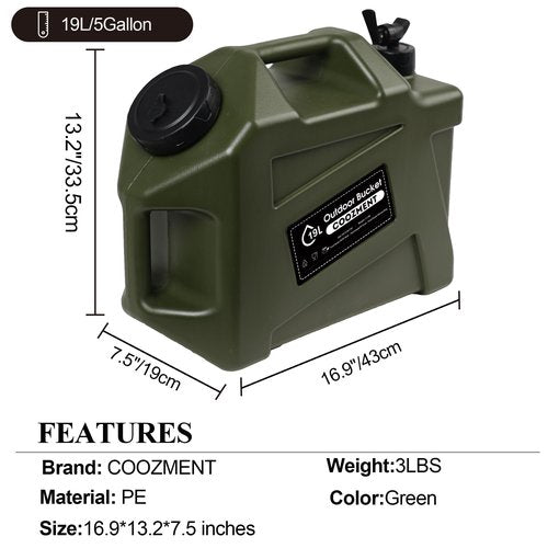 COOZMENT 5 Gallon (19L) Portable Water Containers with Spigot, BPA Free Water Jug, Military Green Water Tank, Multifunction Water Storage Containers for Camping Outdoor Hiking,Emergency Stroage