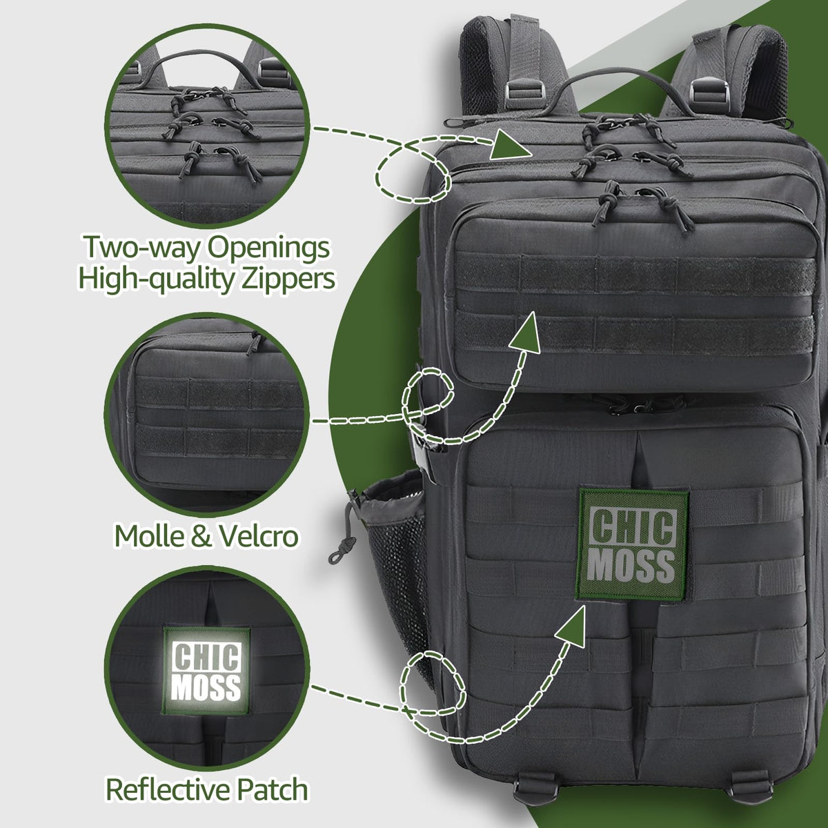 CHICMOSS 45L Military Tactical Backpack - Waterproof Large Army 3 Day Assault Pack Molle Bug Out Bag with Bottle Holder for Men and Women - Rucksack for Hiking, Camping, Travel(Black)