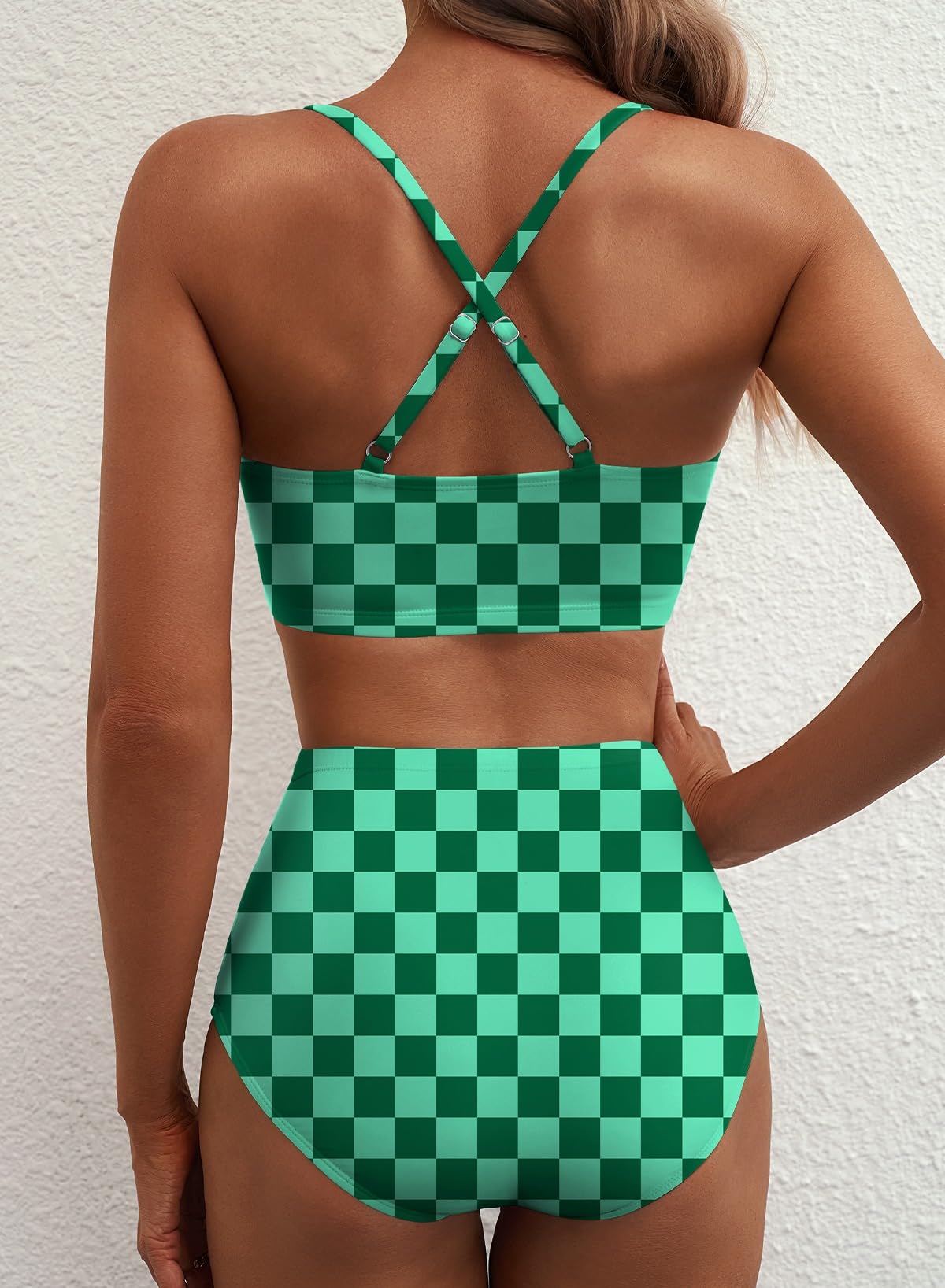 Herseas Women High Waisted U Wire Bikini Sets Floral Print Cutout Two Piece Swimsuit Crisscross Back Supportive Bathing Suits Trendy 2026 Summer Beach Swimming Pool Outfits Green Checkered Medium