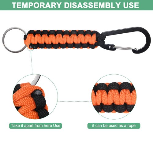 M METERXITY 3-Pack Braided Paracord Keychain with Clips, 6.7 Inch Paracord Lanyard Clips Durable Hanger Hook for Backpacks Water Bottle for Camping/Hiking/Fishing/Traveling [Orange and Black]