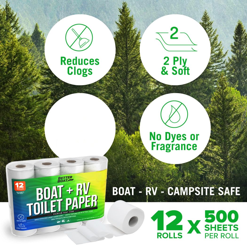 RV Toilet Paper 12 Rolls (500 Sheets Each) - Rapid Dissolving 2-Ply, Septic Safe for Camper & Marine, Individually Wrapped Camping Tissue - Better Boat