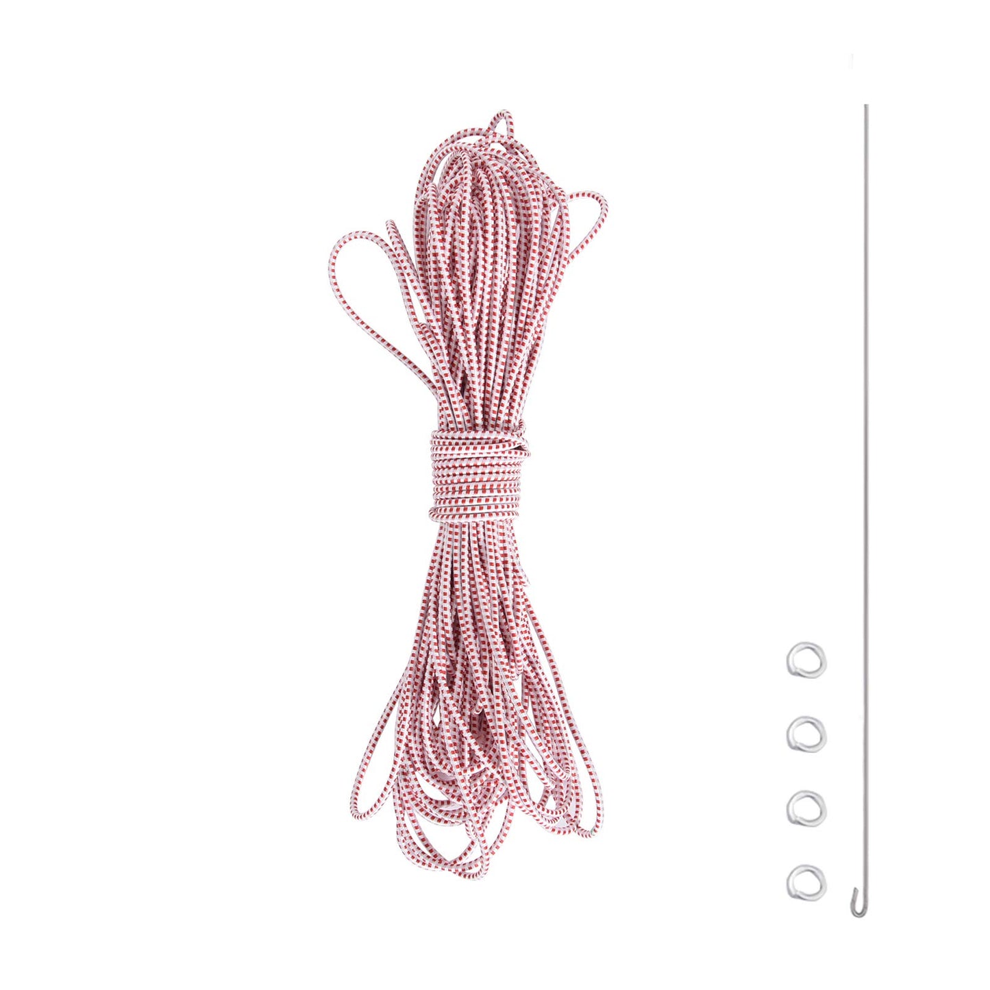 BRILLIANCE4U Tent Pole Shock Cord 3/32 in 60ft, Replacement Elastic Bungee Cord Red White for Tent Poles, Metal Wire and Washers Included
