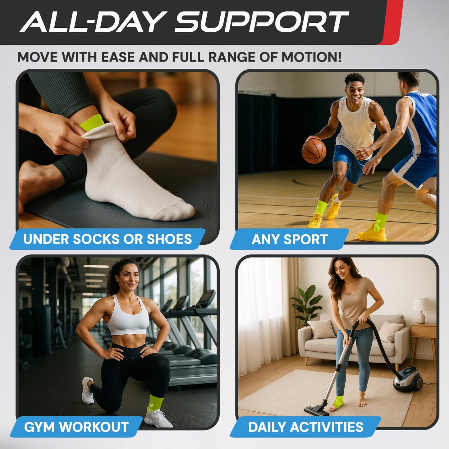 Sleeve Stars Ankle Brace for Women & Men, Ankle Wrap for Sprained Ankle, Compression Sleeve for Plantar Fasciitis Relief, Easy Customizable Support: w/ Removable Strap (Single/M:10"-12"/Neon Yellow Green)