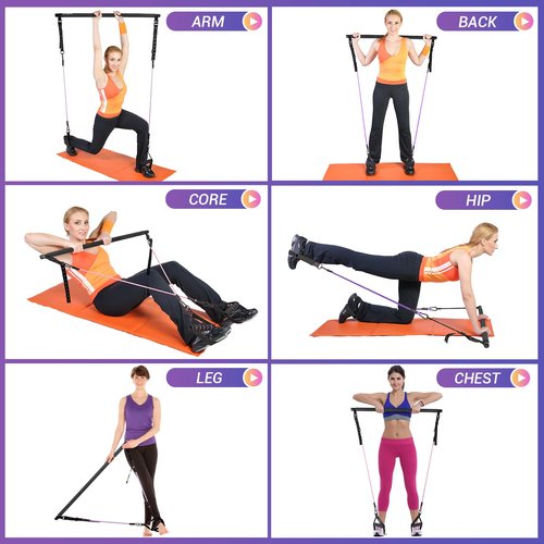 Pilates Bar Kit with Resistance Bands, 3-Section Pilates Bar with Clear Scale & Adjustable Metal Buckle, Durable Carabiner, Pilates Bar Kit for Women Full-Body Workout - Black