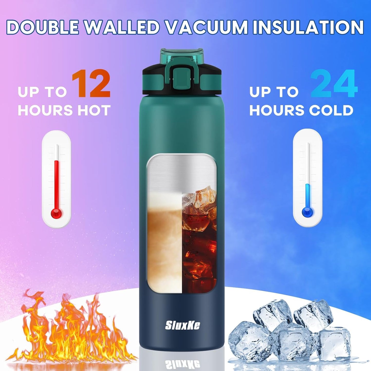 24oz Leakproof Vacuum Insulated Water Bottle, Ideal for Hot or Cold Drinks, Double wall Straw Drinking Bottle, BPA-Free, Prefect for Sport,School, Office, Fitness