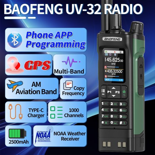 BAOFENG UV-32 Ham Radio Long Range 10W Rechargeable Walkie Talkies UV32 5RM K5 Handheld Two Way Radio NOAA Weather Radio with GPS,APP Programming,Copy Frequency,USB-C Charging for Survival Gear
