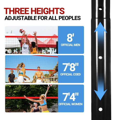 FITPLAY Professional Volleyball Net Set with Anti-Sag System,3 Height Adjustable Steel Poles,PU Volleyball,Pump,Boundary Line and Waterproof CarryBag for Outdoor,Backyard,Beach