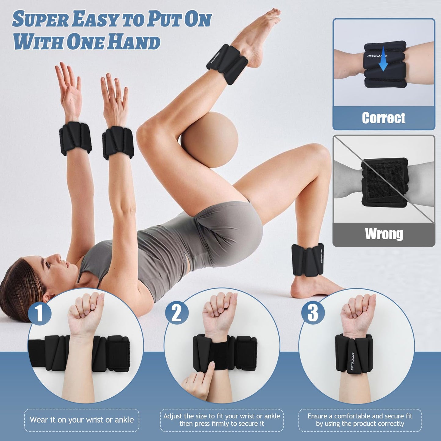 BECOJADDE Ankle Weights Set of 2 (3 lb Each) Adjustable Wrist Weights for Women Men Wearable Arm Leg Weight for Pilates, Running, Walking, Workout, Yoga, Black