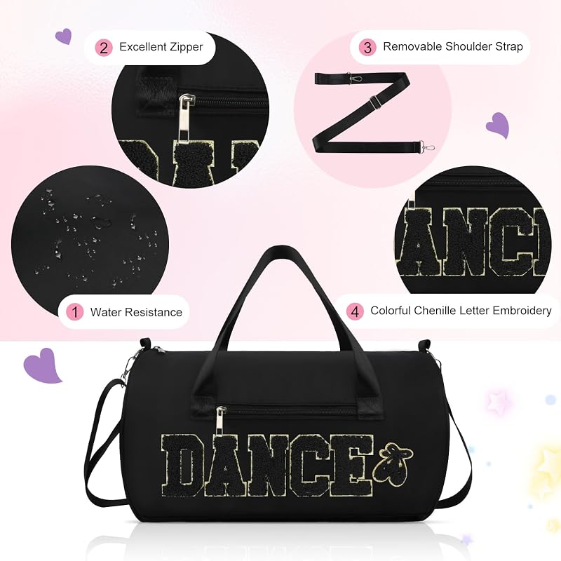 KUIRAN 23L Dance Duffle Bag for Girls with Colorful Chenille Lettering - Black/Gold, Medium