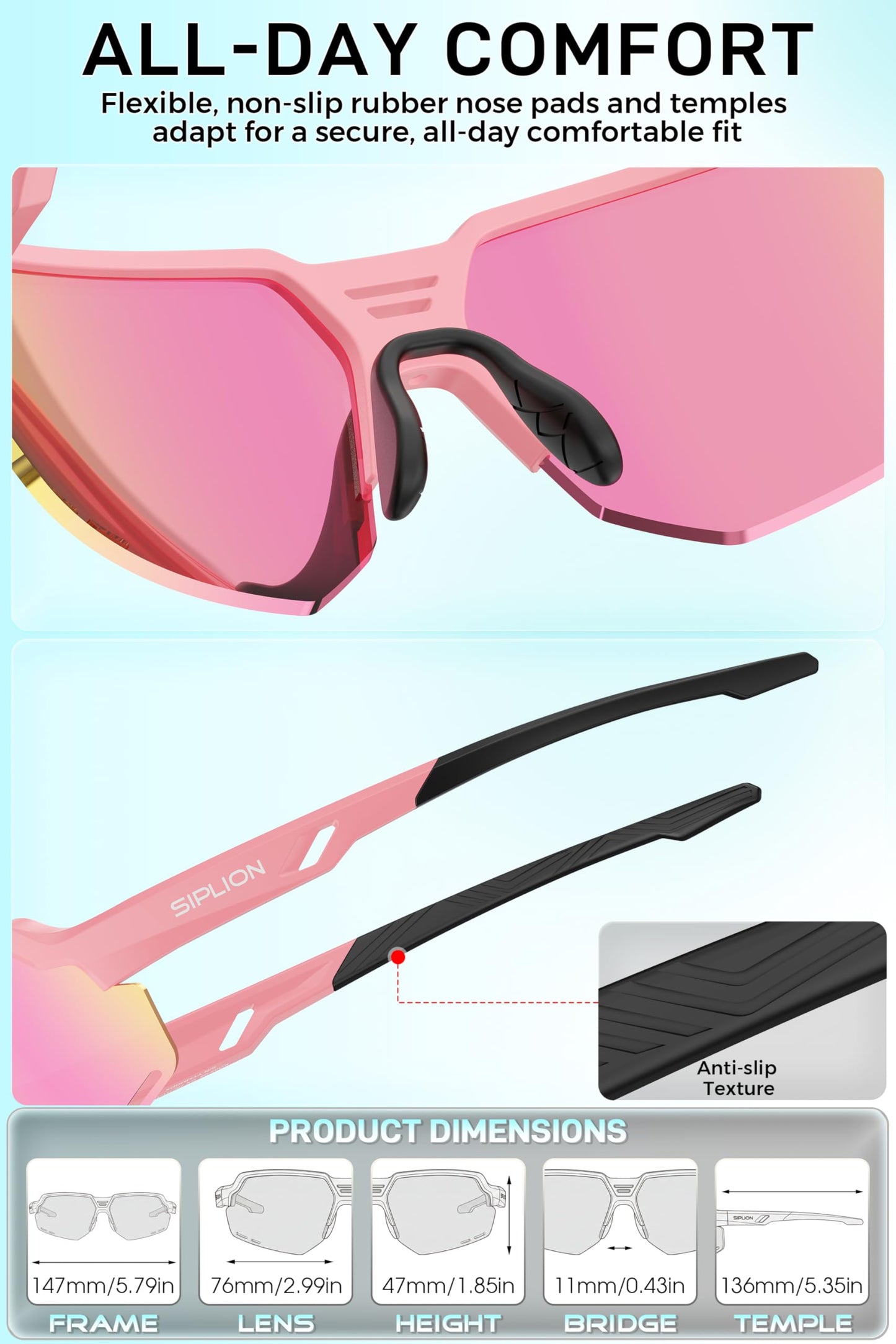 SIPLION Polarized Sunglasses Women Sports: UV400 Protection TR90 Frame Anti-Slip Wrap-Around for Driving Fishing Golf Running KD03-05 C9