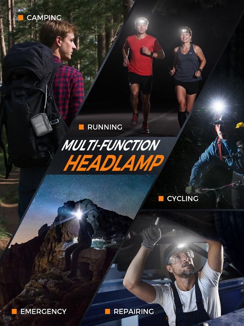 ATuMan MH1 Headlamp Rechargeable, Head lamp 2 Packs with Charging Case Intelligent Multifunctional Headlight with Red Warning Light & 7 Lighting Modes & Motion Sensor for Outdoor Camping Hiking