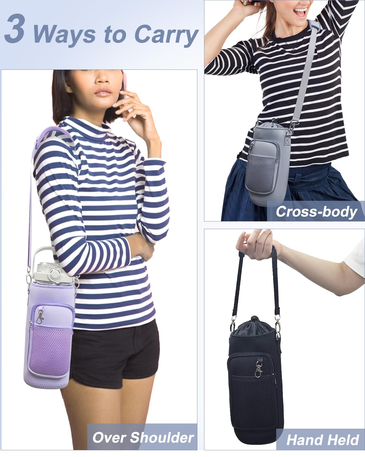 RHDZO Water Bottle Carrier Bag with Strap Insulated Water Bottle Holder with Phone Pocket and Handle 32oz 40oz 50oz Water Bottle Sleeve for Walking Hiking, Blue Gray