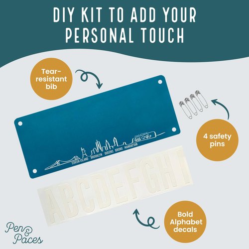 Pen and Paces NYC Name Bib Kit – Weatherproof, Tear-Resistant Race Bib with Alphabet Decals & Safety Pins – Add-Your-Name Running Accessory for 5Ks, Marathons, Triathlons, Cycling & Races