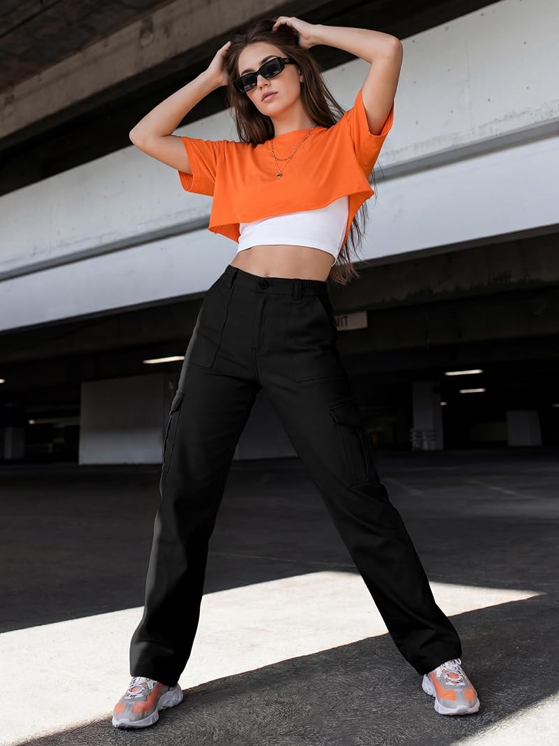 Tall Cargo Pants for Women 34" Inseam - Y2K Straight Leg, 6 Pockets, Black XXL+
