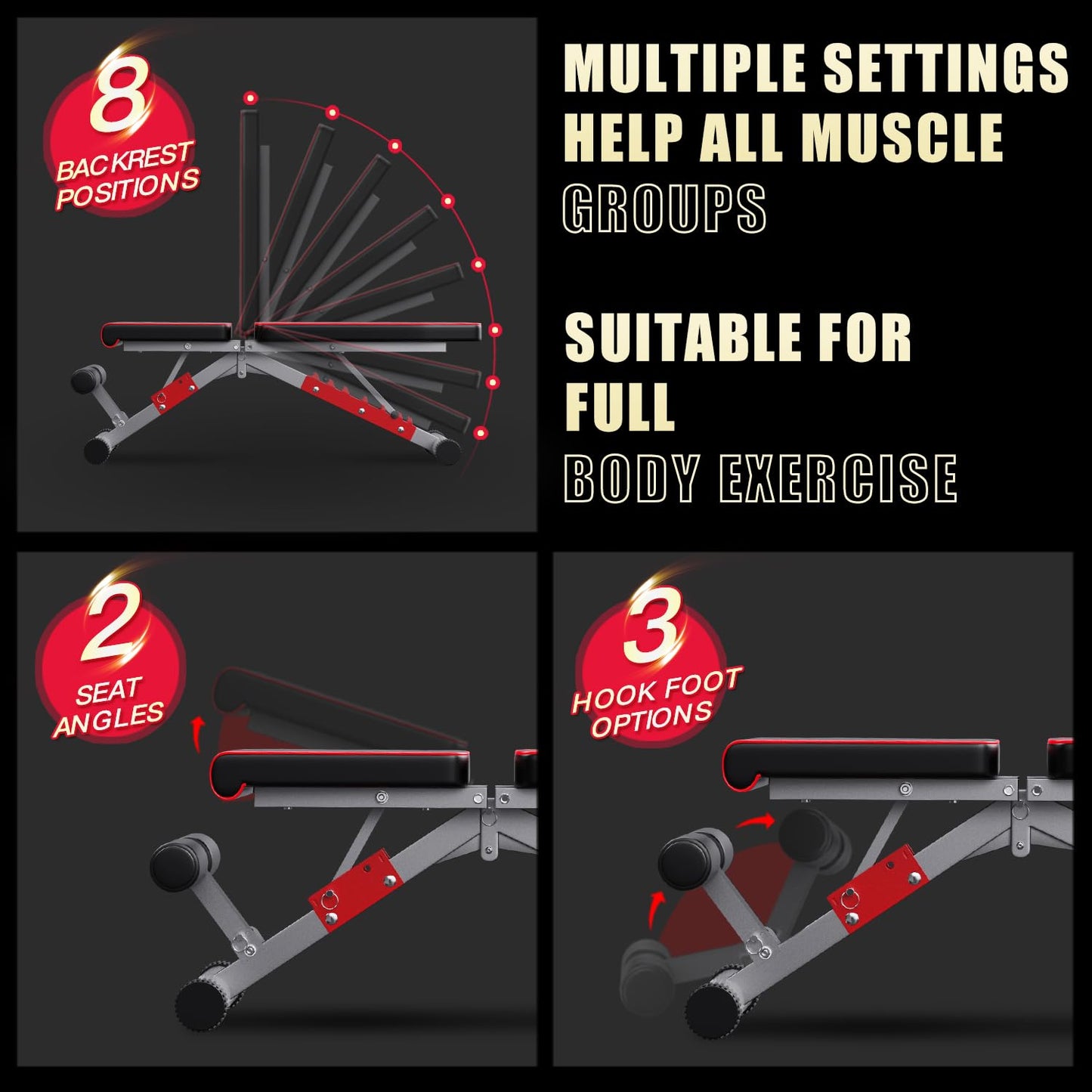 DONIUZ Weight Bench, Adjustable Workout Bench Press Set for Home Gym Strength Training, Easy Assembly Foldable Training Lifting Bench for Small Space Apartment Room, Max Load 750(RedBlack)