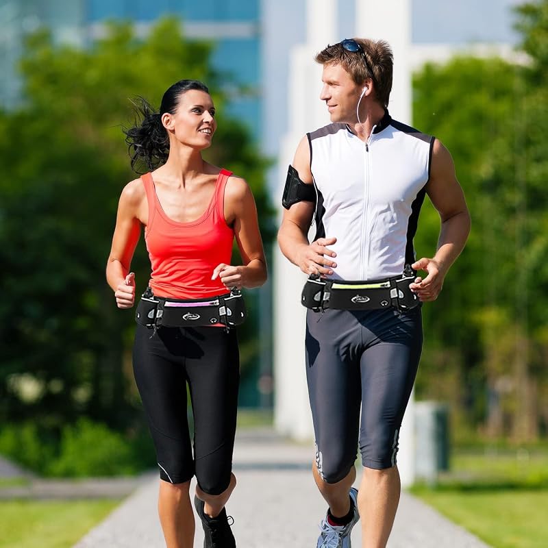 AiRunTech Hydration Running Belt with 2x 10oz Water Bottles - Phone & Wallet Holder, Reflective Pocket, Adjustable Fit