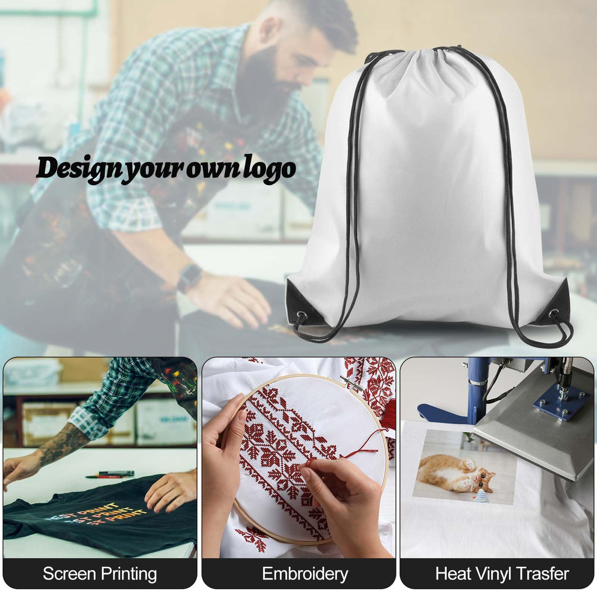 15 Pcs White Drawstring Bags Drawstring Backpack Bulk, PLULON String Backpack Cinch Sack Sport Gym Backpack Bags for Yoga Traveling Outdoor Sports