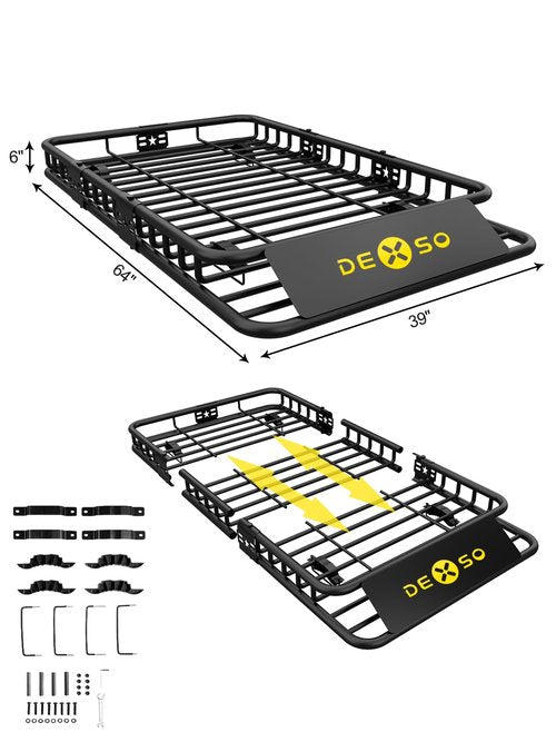 DEXSO 64" x 39" Universal Roof Rack Basket, 200 Lbs Capacity Rooftop Cargo Carrier Basket with Extension Heavy Duty Luggage Holder Rack for SUVs, Trucks, Vehicles