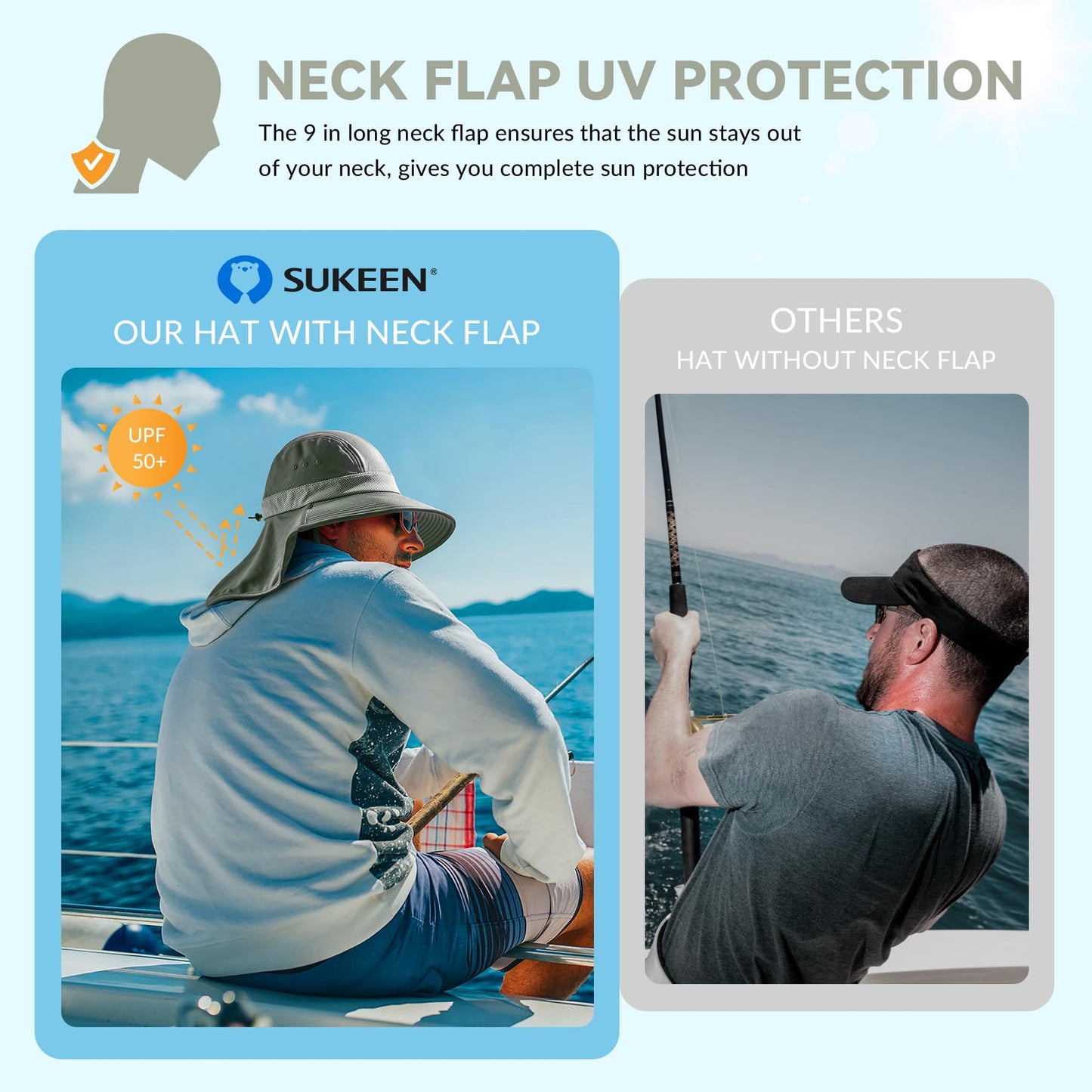 Sukeen Cooling Sun Hat for Men Women UPF50+ Wide Brim Fishing Hat with Neck Flap Adjustable Foldable Bucket Hat for Hiking Black