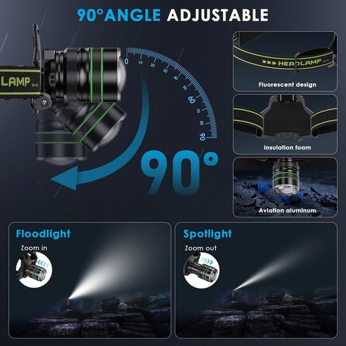 Hunting Headlamp Rechargeable LED 2000 High Lumens, 60 Hours Long Lasting Head Lamp with Zoomable & 10 Modes & IPX7 Waterproof & 90° Adjustable, Super Bright Headlight for Forehead, Outdoor, Working