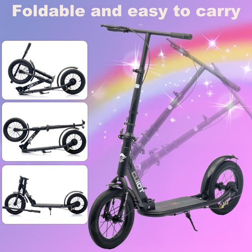 ZQHQKJ Adult Scooter for XXL Big Wheels, Folding Commuter Kick Scooter for Adults & Teens, Adjustable Heigh, Lightweight Sports Commuter Scooter for Kids Tenns Adults, 4 Adjustable Levels.,Black