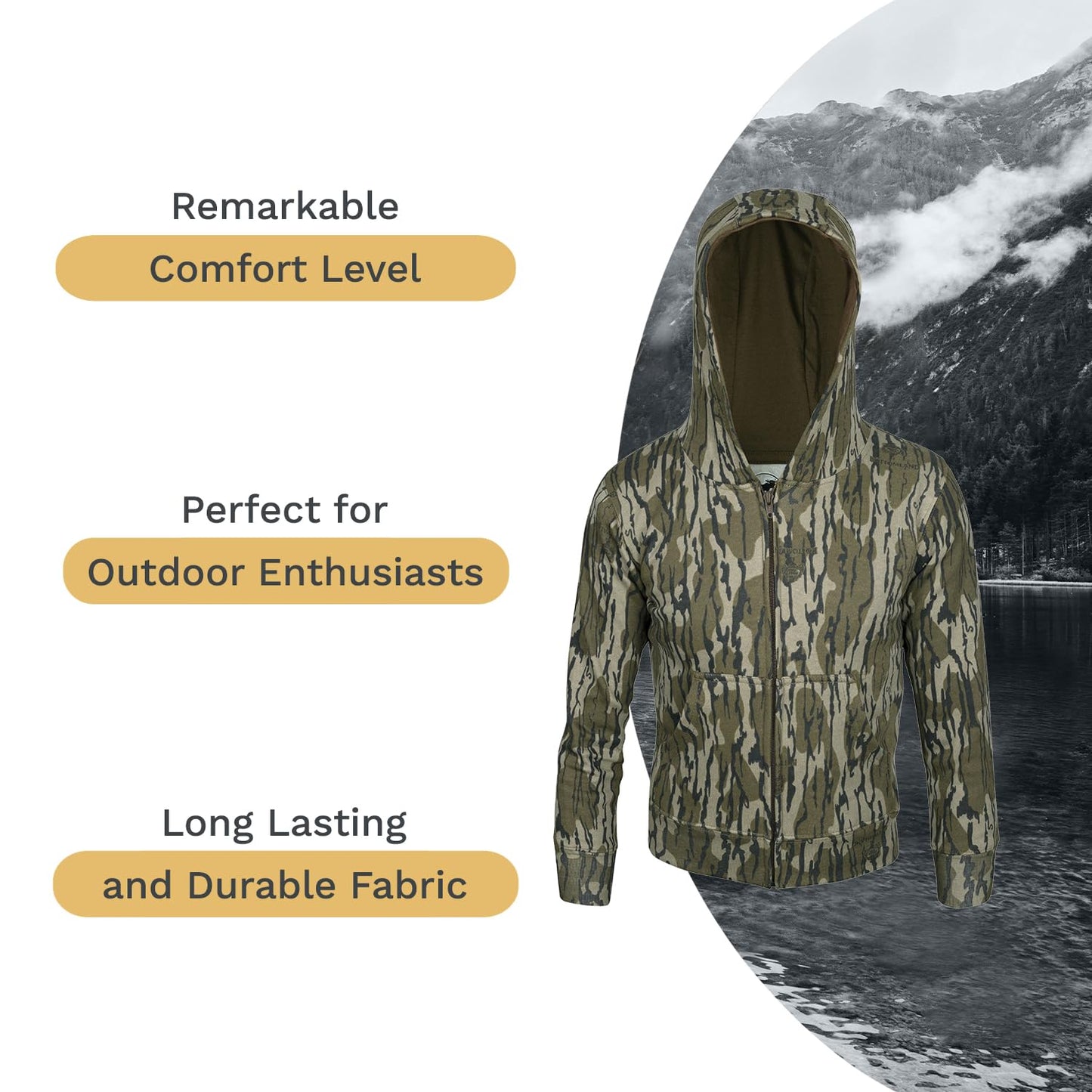 Mooselander – Kid' and Youth Zip Hoodie in Mossy Oak Country Print, Camo Hoodie, Comfortable and Warm, Perfect for Outdoors (US, Alpha, Large, Regular, Original Bottomland)